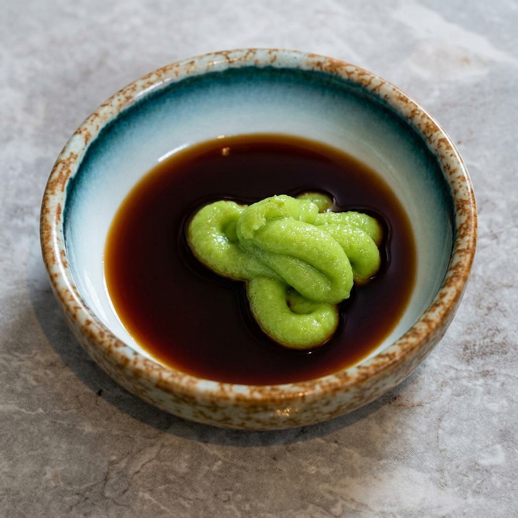 Salsa de soja oscura siendo vertida sobre una porción de wasabi.