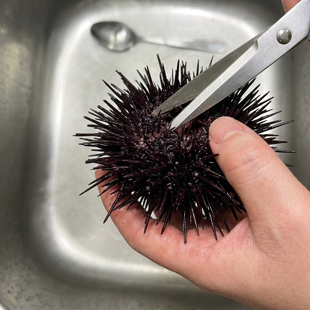Una persona usando tijeras de cocina para cortar el caparazón exterior espinoso de un erizo de mar negro fresco.