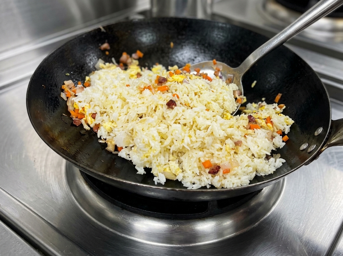 Volteando y salteando enérgicamente una mezcla vibrante de arroz amarillo, carne y vegetales en un wok grande a fuego alto.