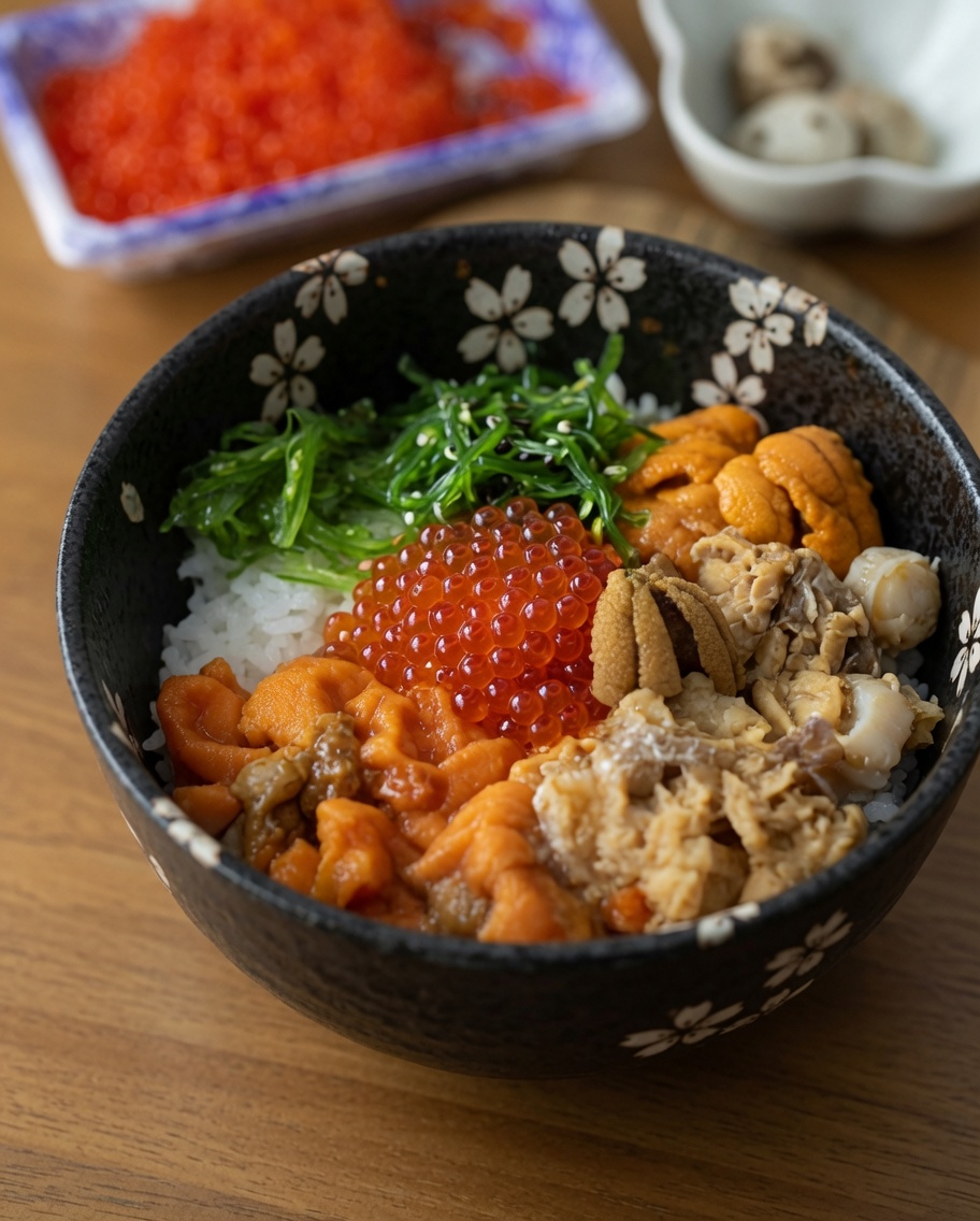 Primer plano de una vibrante ensalada de algas verdes colocándose en un tazón de estilo japonés lleno de arroz y mariscos.