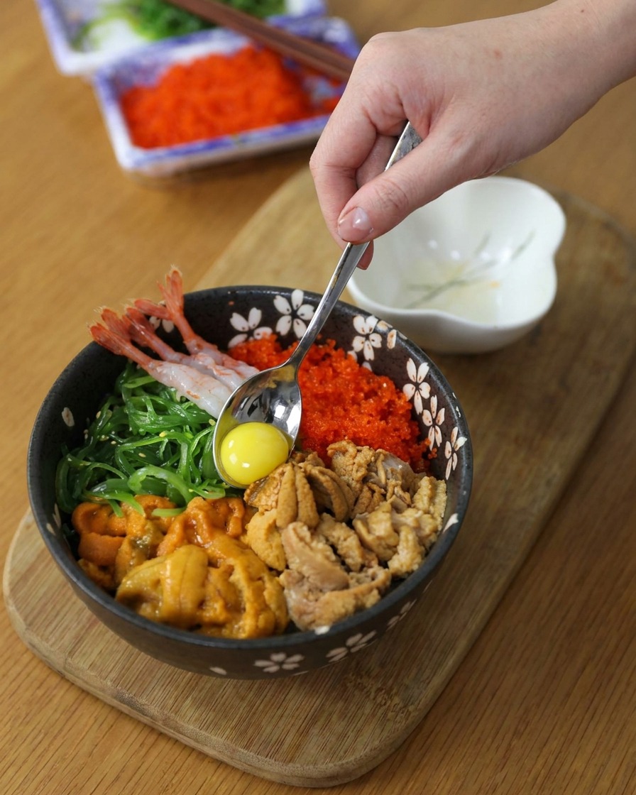 Una yema cruda de huevo de codorniz colocándose en el centro de un tazón de arroz cubierto con varios mariscos.