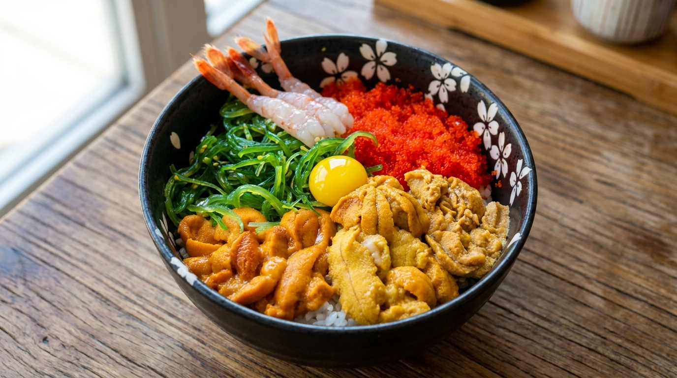 Un colorido tazón de uni fresco, tobiko, ensalada de algas y camarones dulces servido sobre arroz caliente y coronado con una yema de huevo de codorniz cruda.