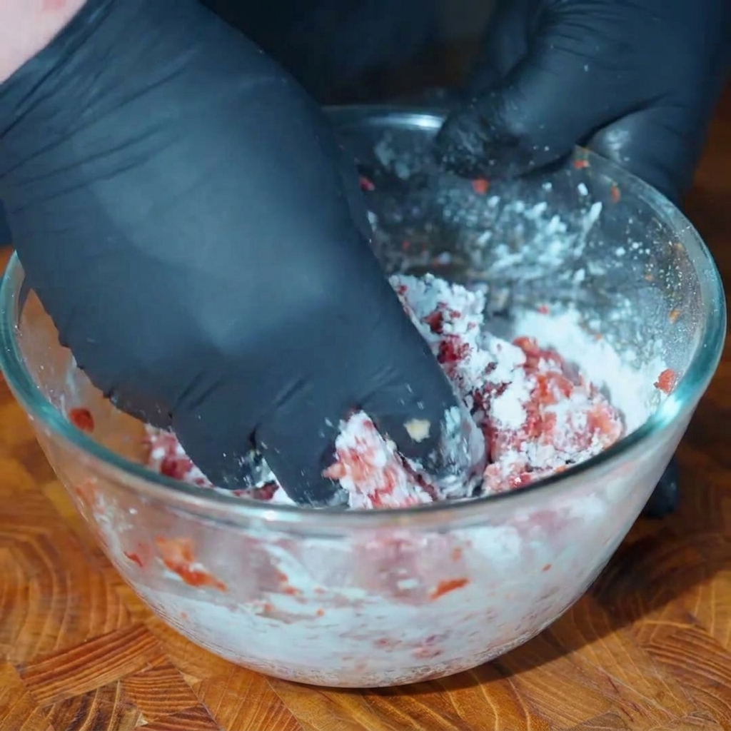 Mezcla de carne siendo golpeada contra las paredes de un bol para ganar elasticidad.