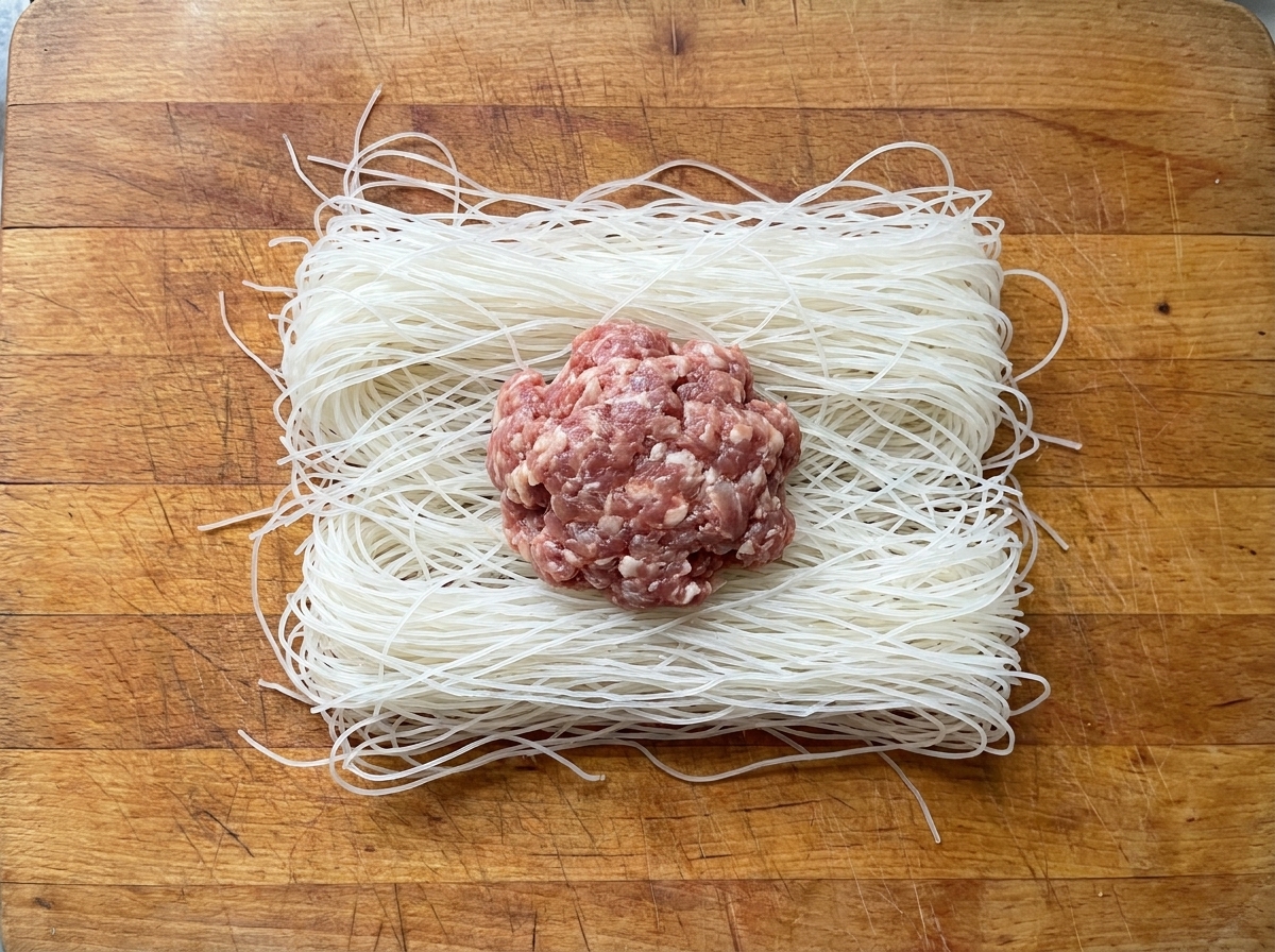 Una porción de carne cruda colocada en el centro de la masa extendida.