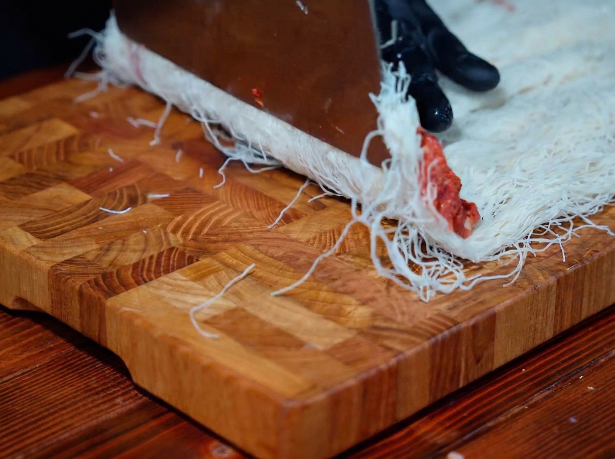 Hilos de masa siendo plegados sobre el relleno para formar un cilindro.