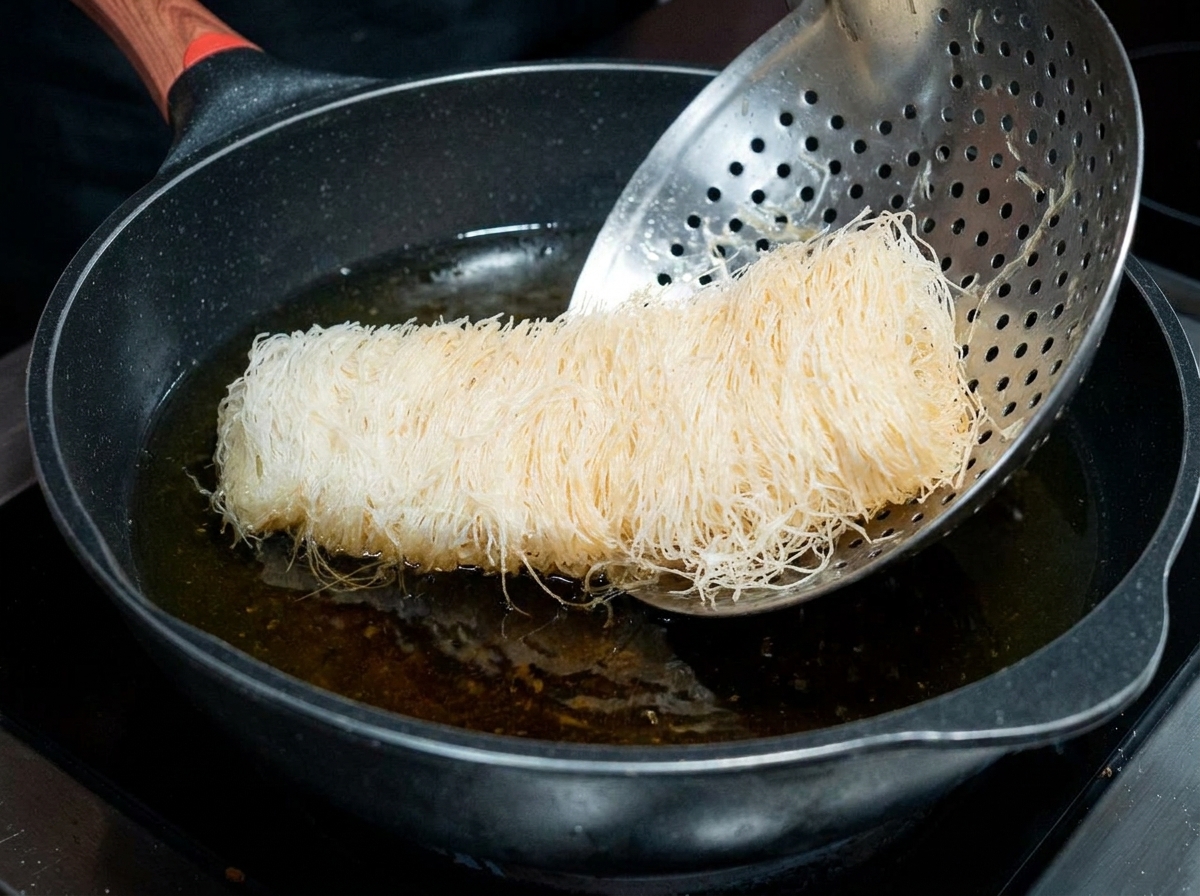 Un cilindro de ternera ligeramente frito siendo sumergido nuevamente en aceite caliente.