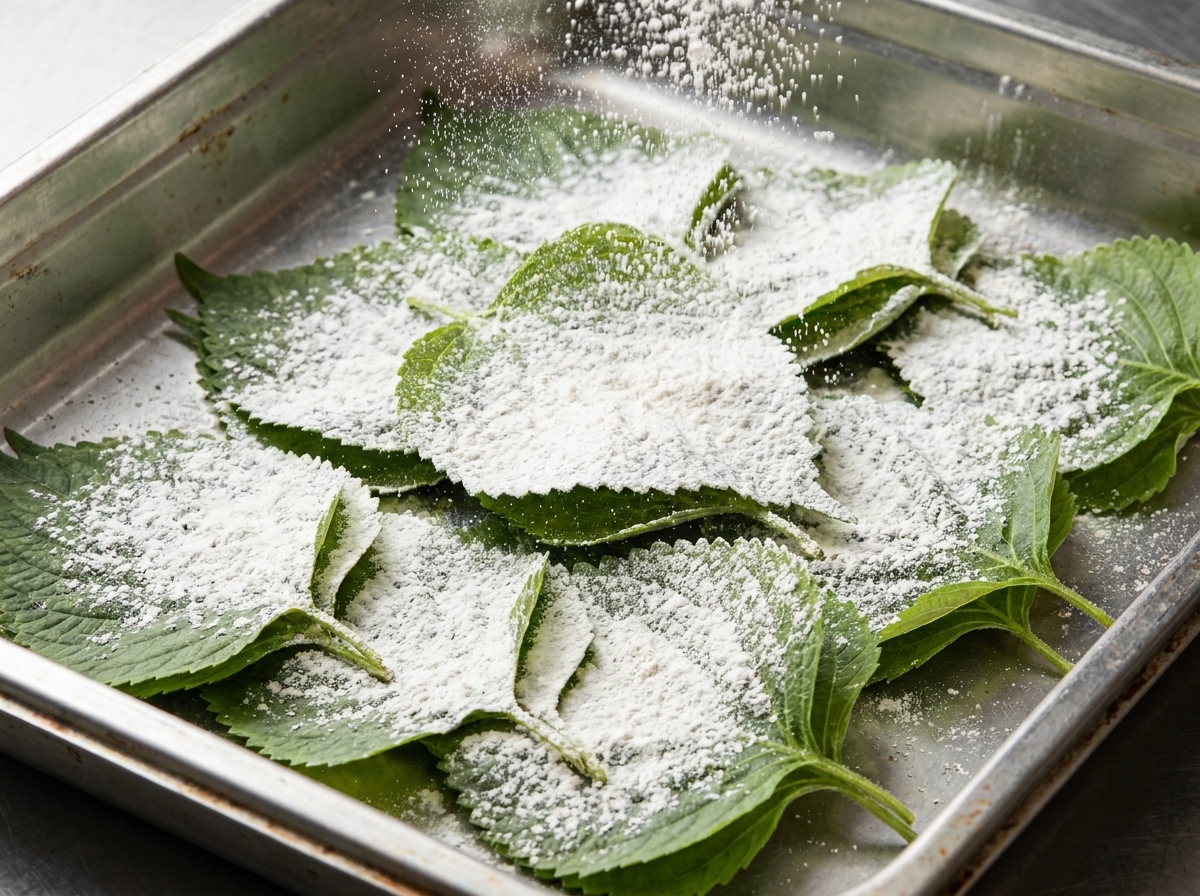 Hojas verdes frescas de perilla en una bandeja de metal siendo espolvoreadas con una fina capa de harina.