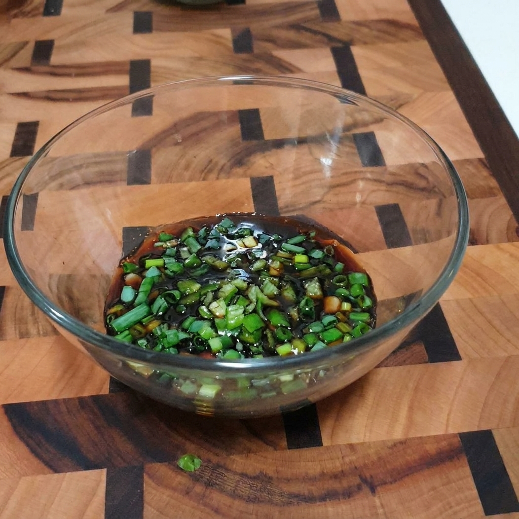 Un bol de cristal transparente con una salsa a base de soja, cebolleta, chiles picados y semillas de sésamo.