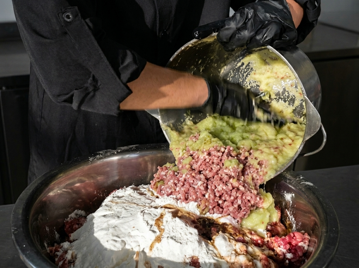 Vertiendo un puré de frutas y vegetales licuado desde el recipiente de un procesador de alimentos sobre carne molida y almidón blanco en un tazón de mezcla de metal grande.