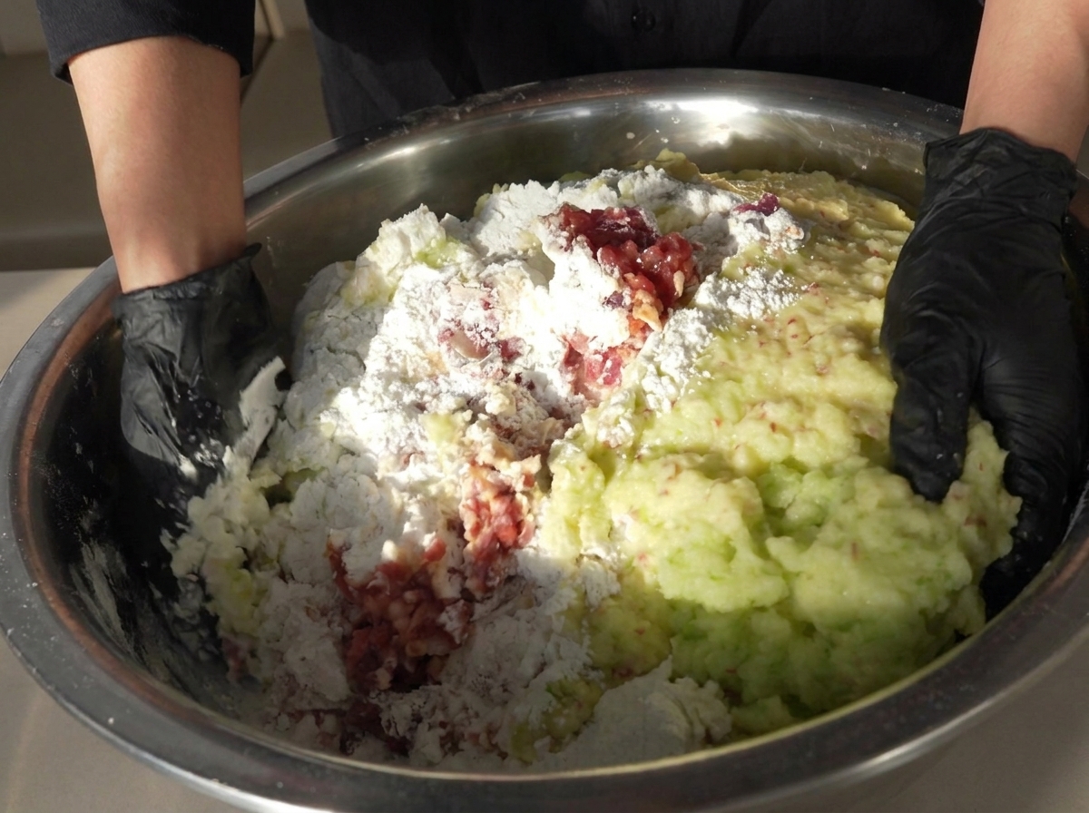 Manos con guantes mezclando carne molida, almidón y un puré vegetal verde pálido en un tazón de metal grande.