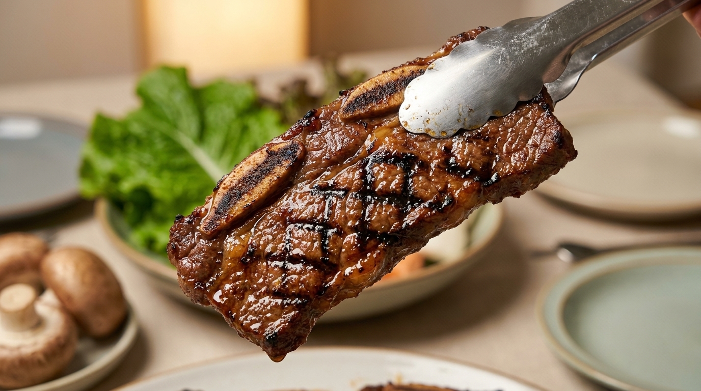 Una suculenta costilla de res al estilo coreano, perfectamente marcada y recién salida de la parrilla.