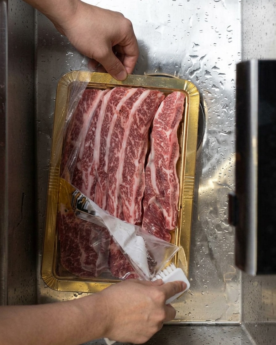 Vista de cerca de costillas de res frescas siendo enjuagadas bajo el grifo de agua en una bandeja de metal.