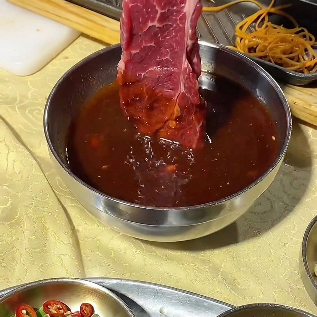 Un trozo de carne cruda siendo sumergido en un tazón de metal lleno de un marinado oscuro para barbacoa coreana.