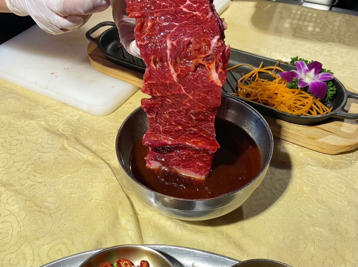 Un trozo grande de carne marinada siendo levantado de un tazón, listo para ser colocado en una bandeja de servir decorada.