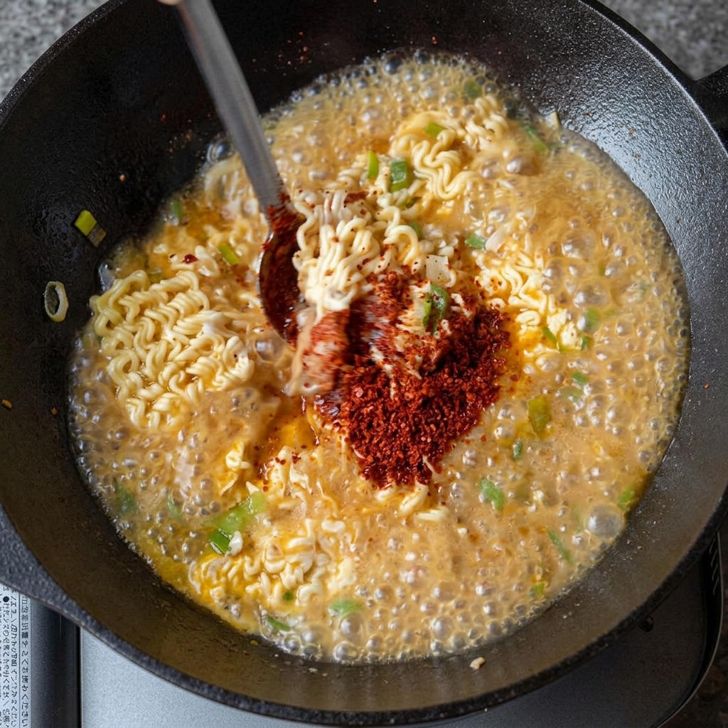 Primer plano de los ingredientes de la salsa mezclándose en un recipiente de metal con una cuchara.