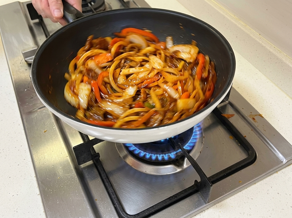 Cebollas y zanahorias en rodajas siendo añadidas a la sartén con el cerdo y la salsa.