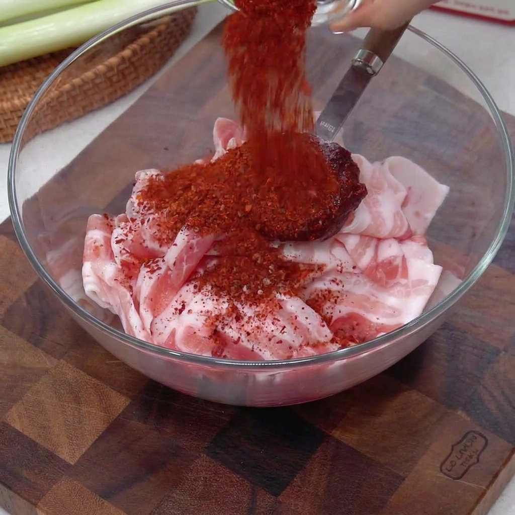 Chile rojo en polvo vertiéndose desde una cuchara pequeña sobre la panceta de cerdo cruda en un bol de cristal.