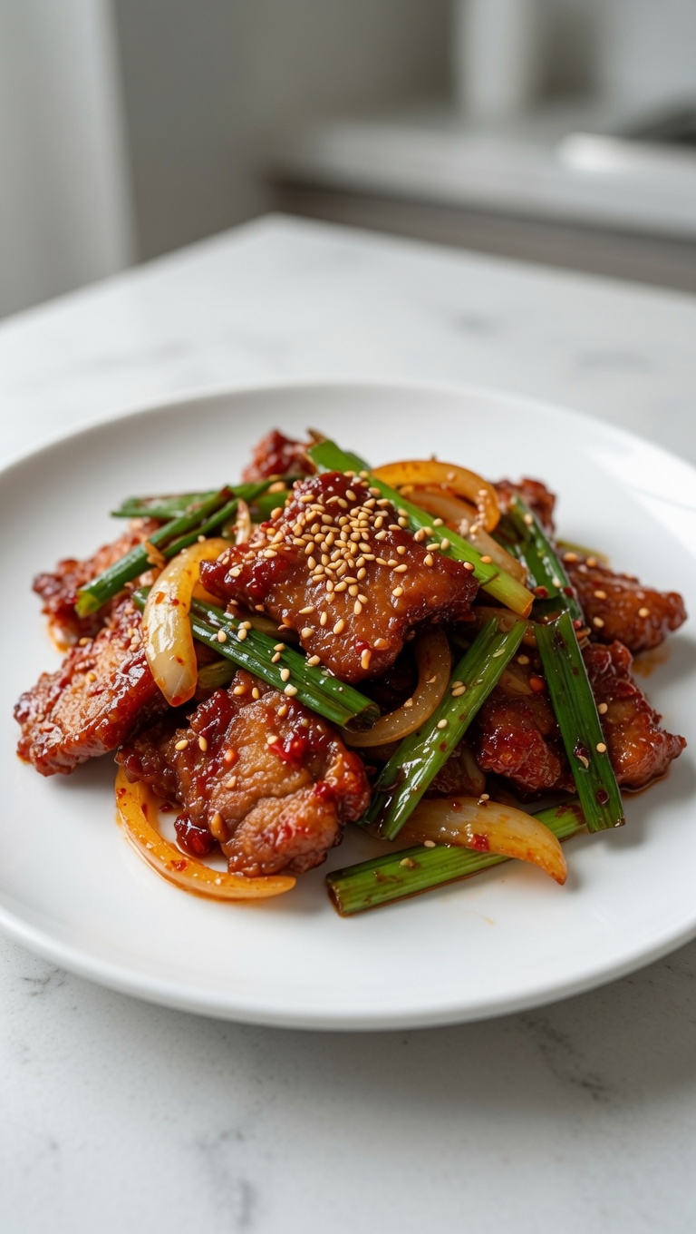 Cerdo salteado picante coreano adornado con semillas de sésamo tostadas y cebolletas frescas.
