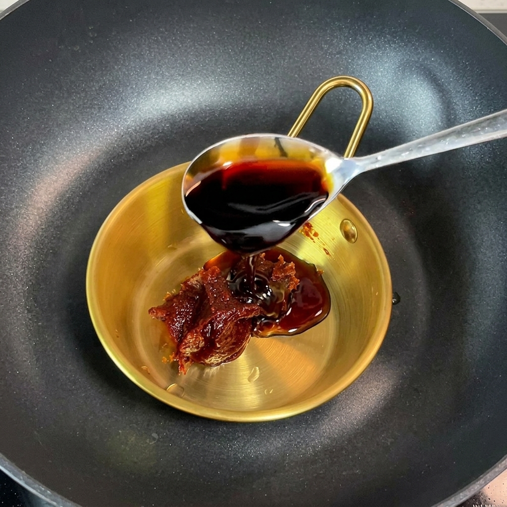 Primer plano de un cuenco dorado con una salsa roja oscura espesa, siendo mezclada con una cuchara de metal.