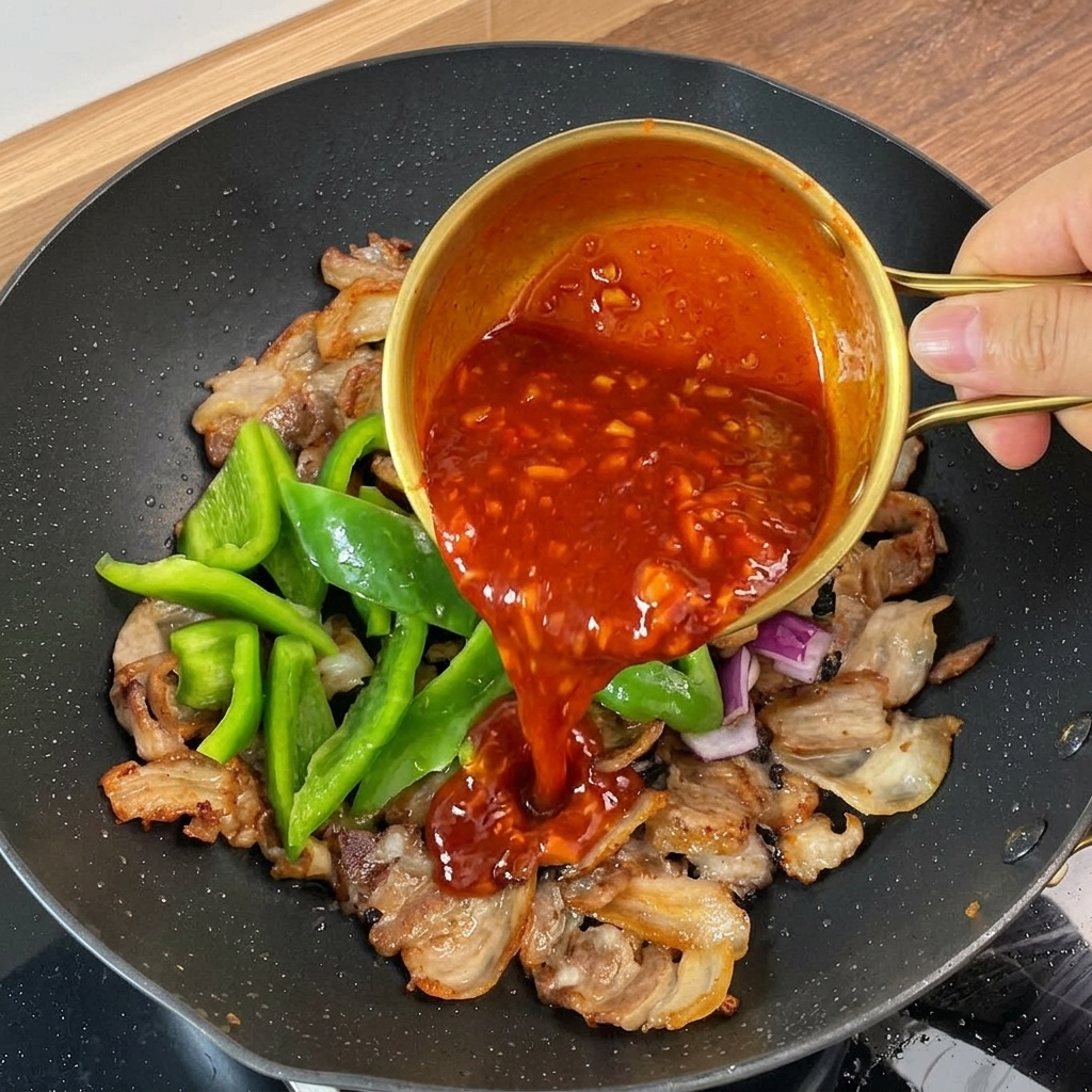 La salsa roja vertiéndose desde un cuenco sobre el cerdo y las verduras en la sartén.