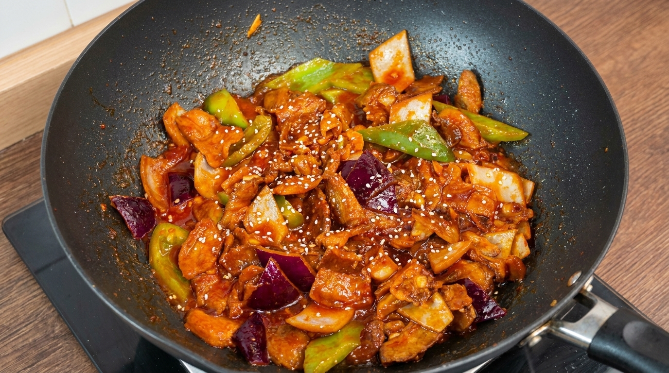 Cerdo salteado picante al estilo coreano (Jeyuk Bokkeum)