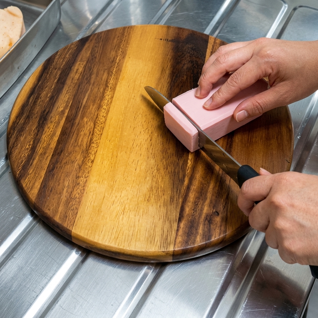 Un bloque de tofu firme cortado en piezas uniformes sobre una tabla de cortar.