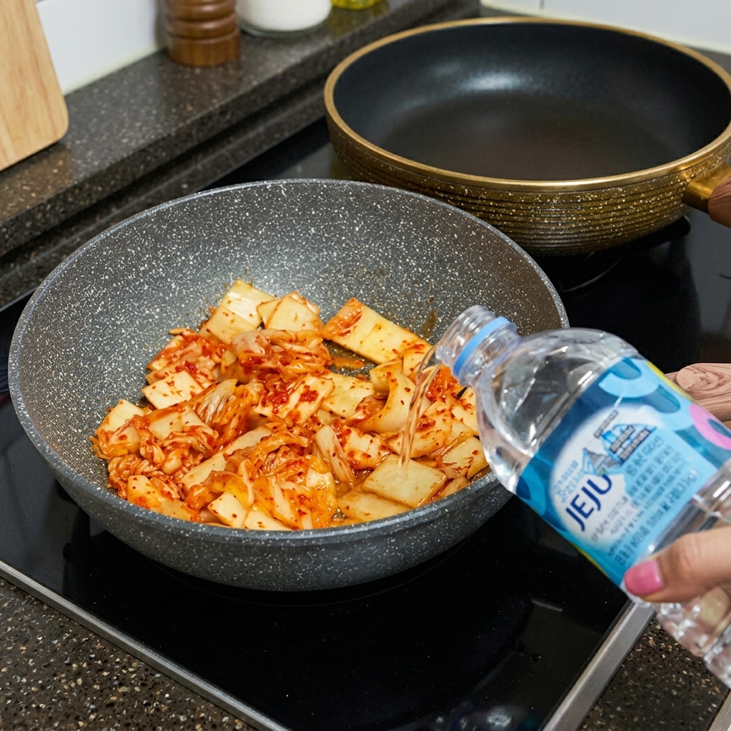 Agua siendo vertida desde una botella en la sartén con el kimchi sofrito.