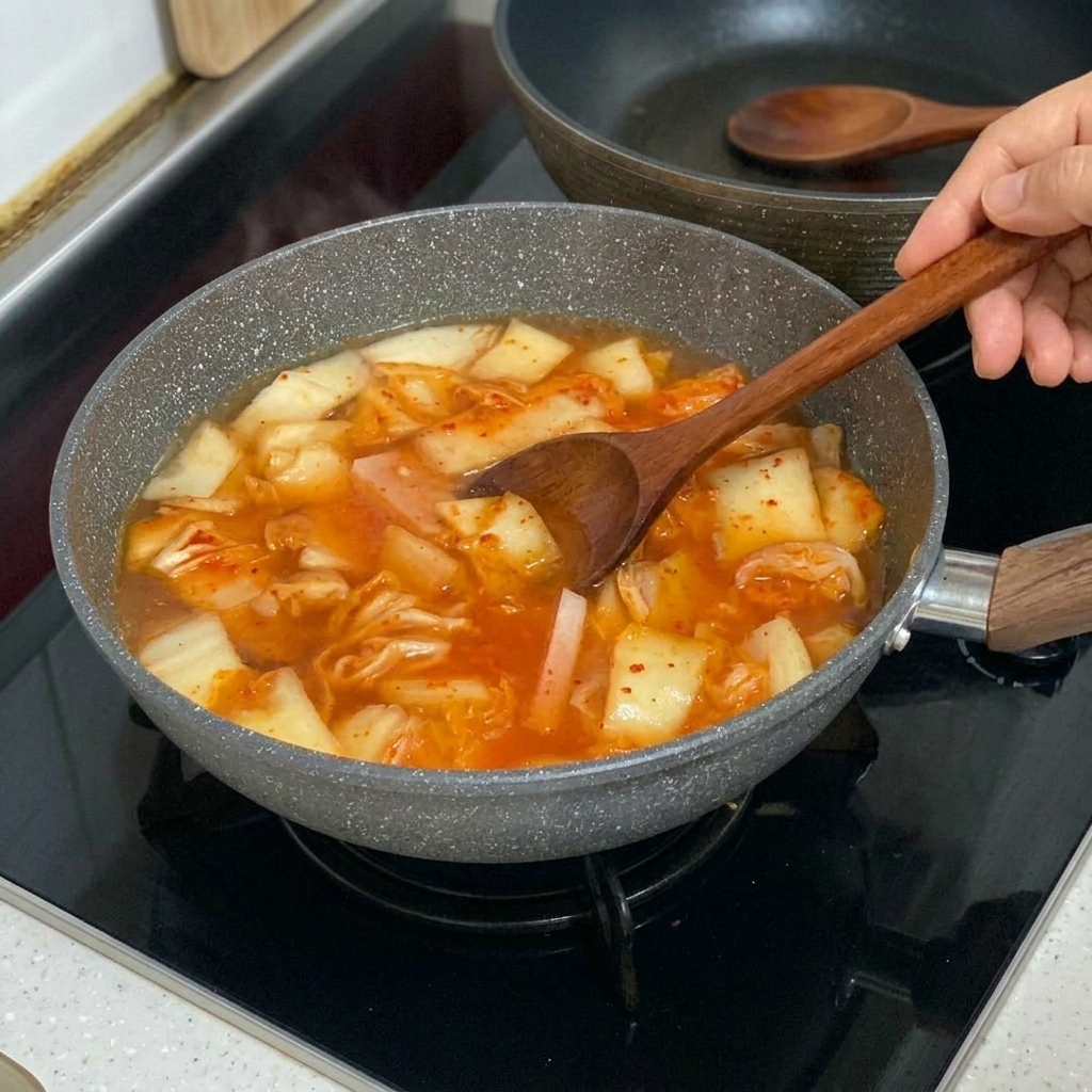 Rodajas de tofu blanco siendo colocadas cuidadosamente en el estofado de kimchi rojo burbujeante.
