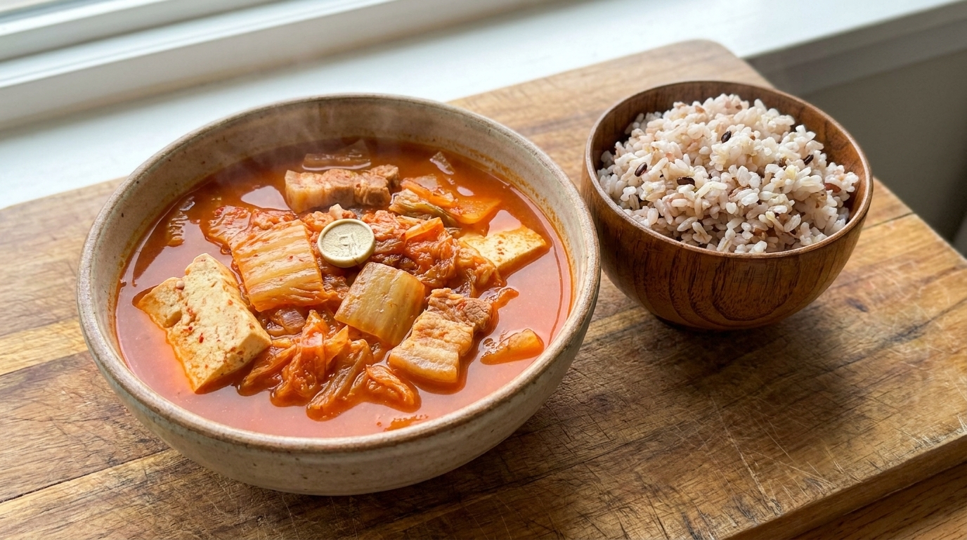 Un tazón humeante y abundante de estofado de kimchi servido con arroz integral recién hecho.