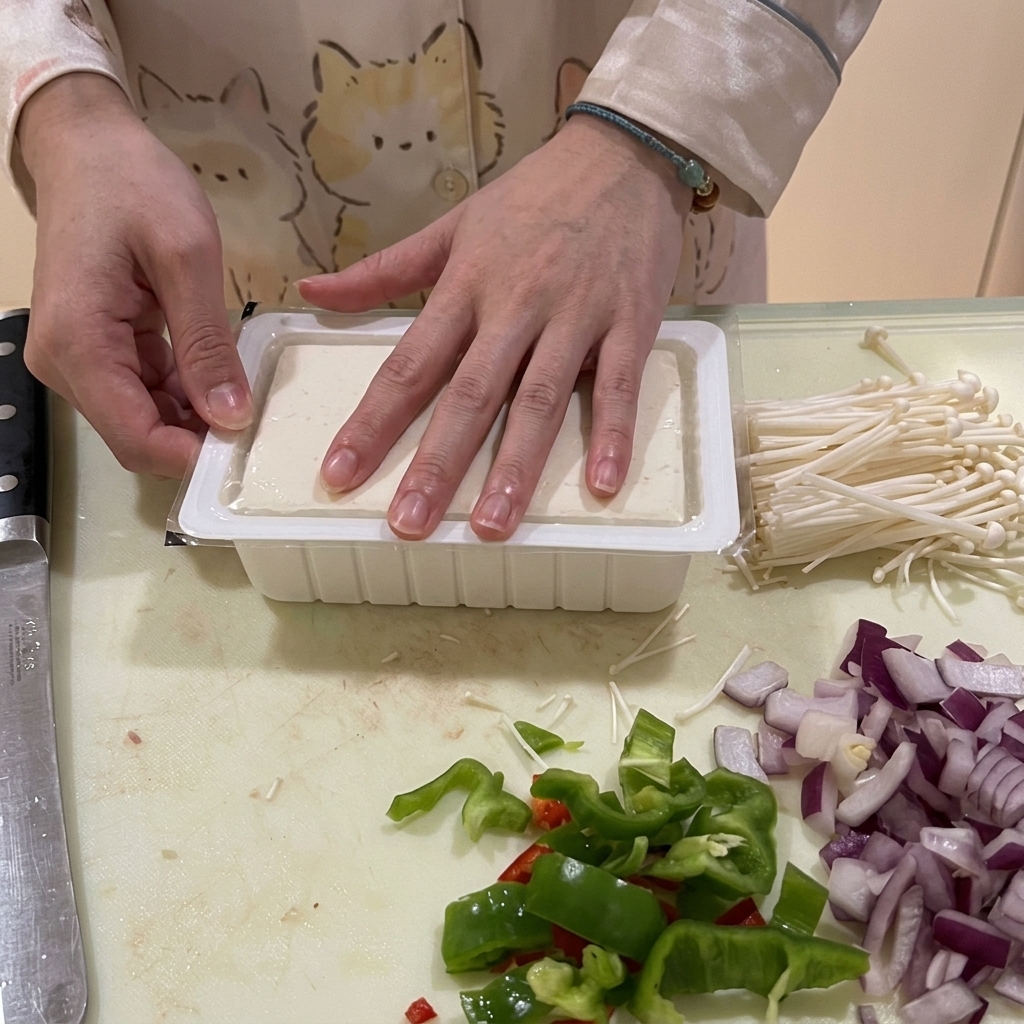 Un bloque de tofu sedoso siendo retirado de su envase de plástico cortando las esquinas.
