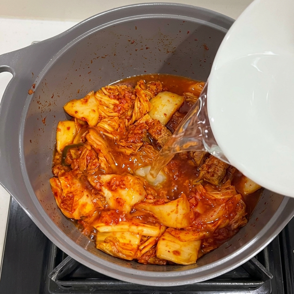 Agua siendo vertida en la olla con Spam y kimchi, junto con el ajo picado.