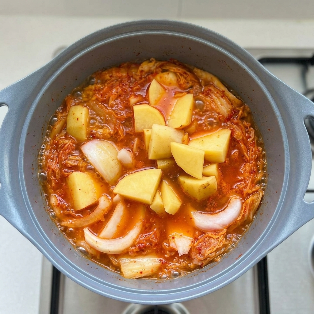 Salsa de soja y polvo de chile siendo añadidos al estofado.