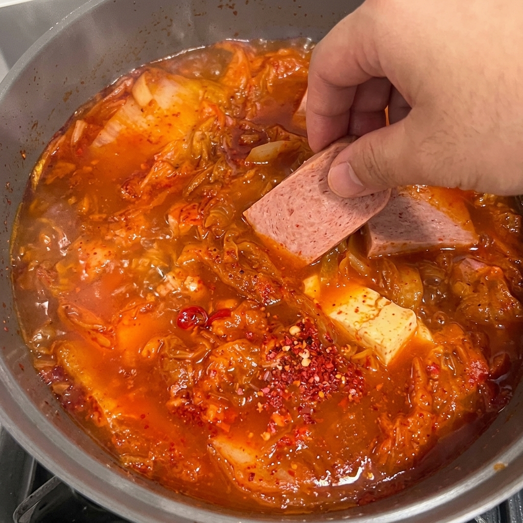 Rodajas de Spam y tofu siendo añadidas con cuidado al estofado de kimchi.
