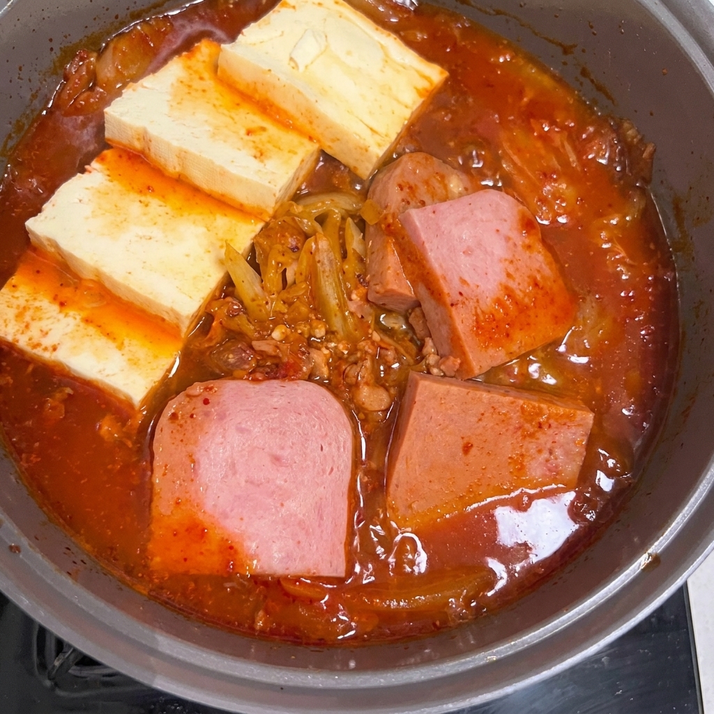 Olla de estofado de kimchi y Spam terminada, decorada con pimientos verdes frescos y cebollino.