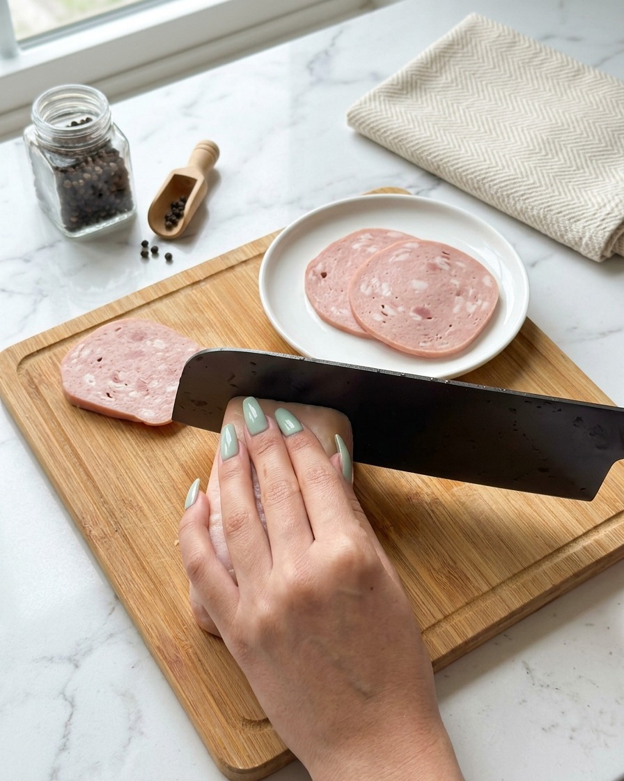 Manos cortando cuidadosamente un bloque de carne en conserva en trozos rectangulares uniformes sobre una tabla de cortar de madera.
