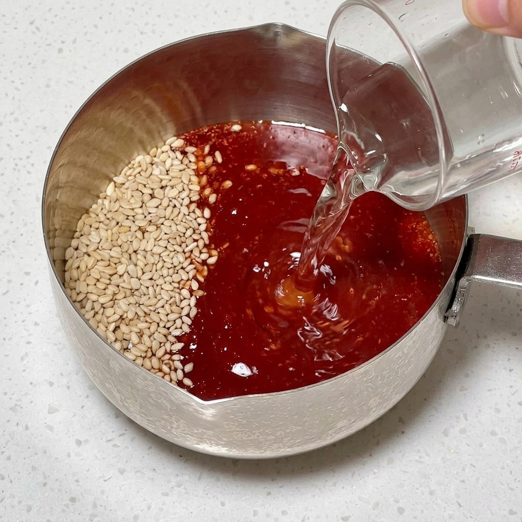 Vertiendo agua clara en un pequeño recipiente metálico que contiene pasta de chile roja, salsa de soja y semillas de sésamo blanco.