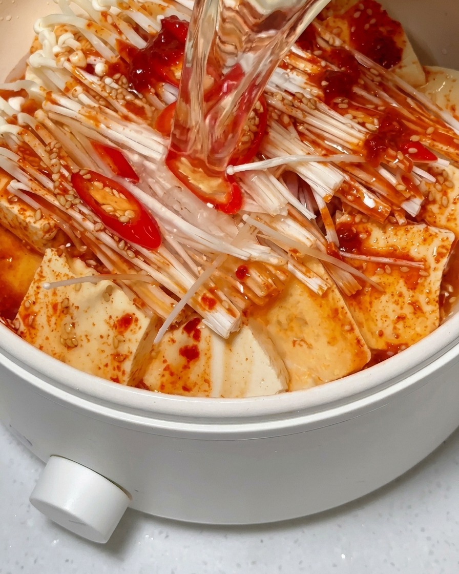 Agua siendo añadida a la sartén, cubriendo parcialmente el tofu y la carne sazonados.