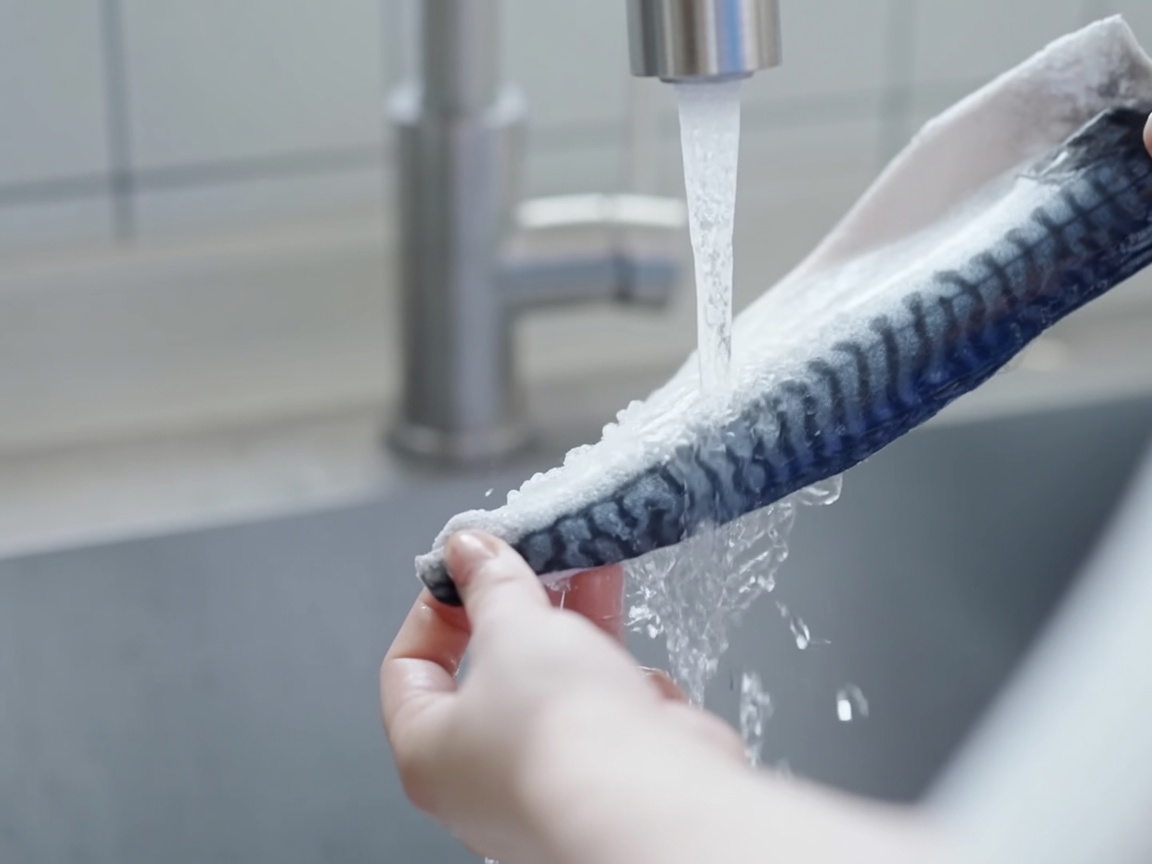 Un filete de caballa cruda siendo enjuagado bajo un chorro constante de agua del grifo.
