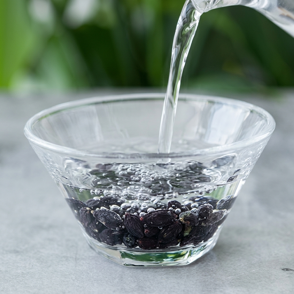 Agua tibia siendo vertida sobre una pequeña porción de alga wakame seca en un tazón de vidrio.