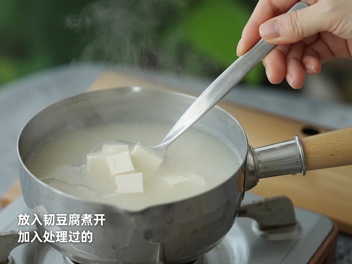 Cubos de tofu blanco suave siendo añadidos con un cucharón a una olla de caldo de miso humeante.