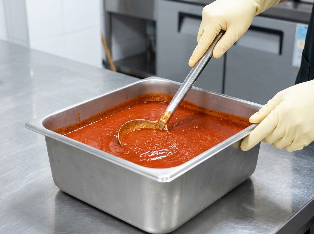 Vaciando varias cucharadas de salsa picante vibrante en una olla grande con agua.