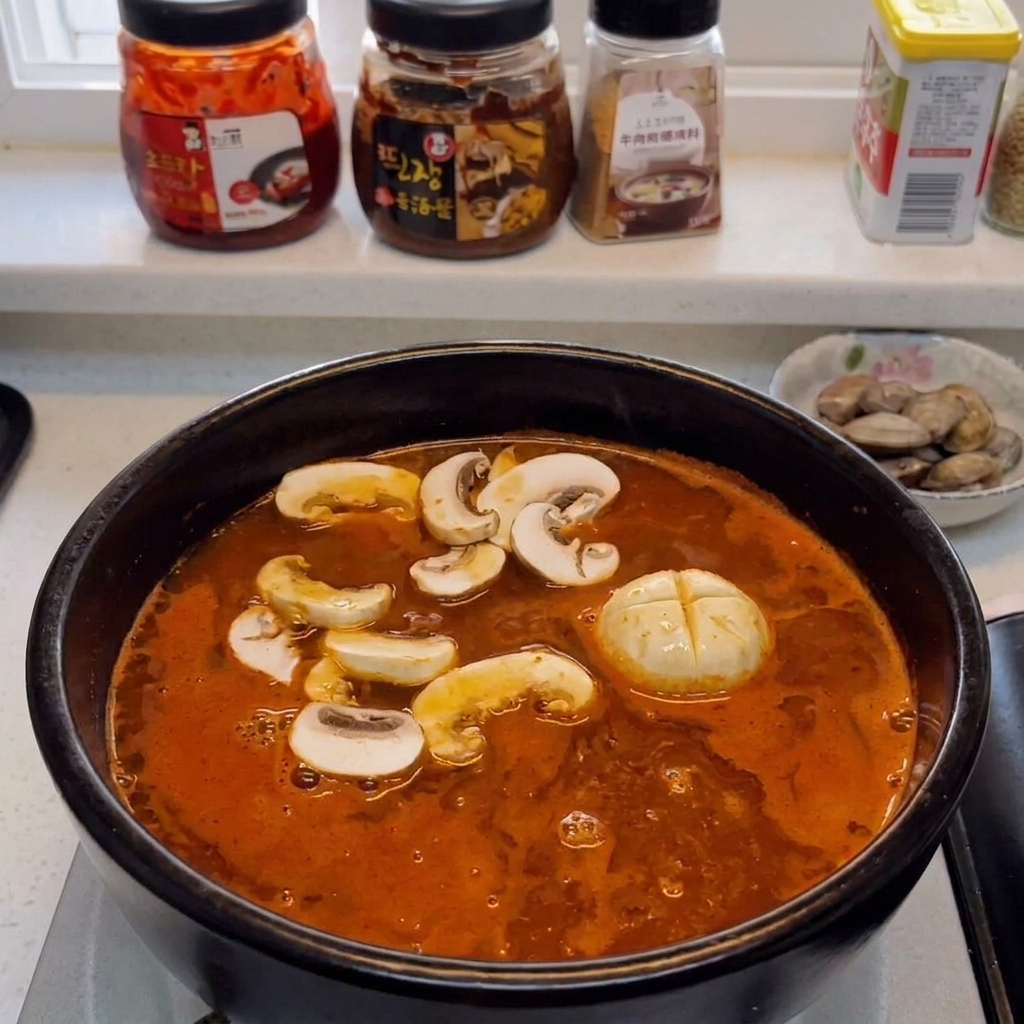 Champiñones rebanados siendo añadidos al wok con el cerdo, jengibre y ajo.