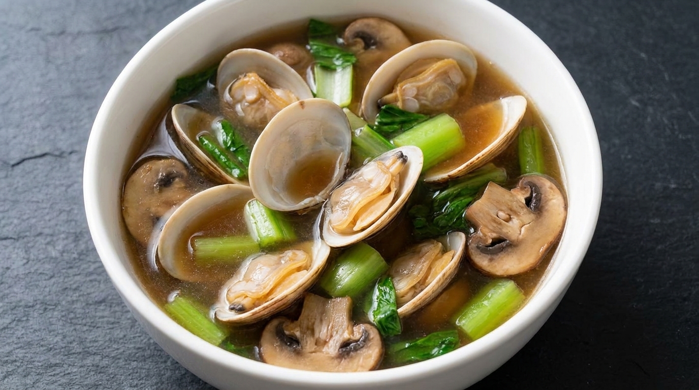 Sopa de Almejas y Champiñones con Pasta de Soja