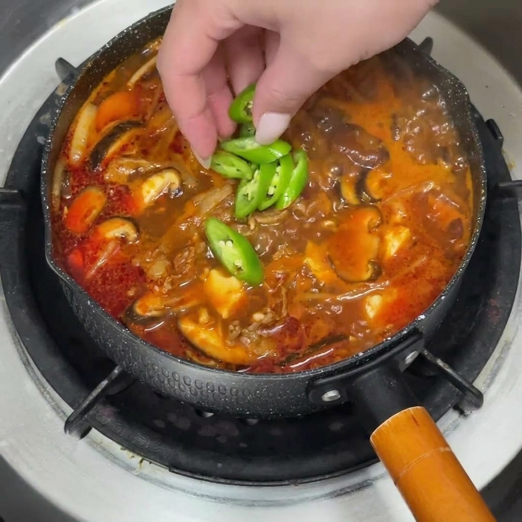 Una olla de estofado decorada con rodajas de chile verde y cebollino fresco.