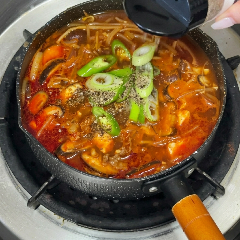 Polvo de perilla espolvoreado sobre una olla de estofado de ternera al doenjang.