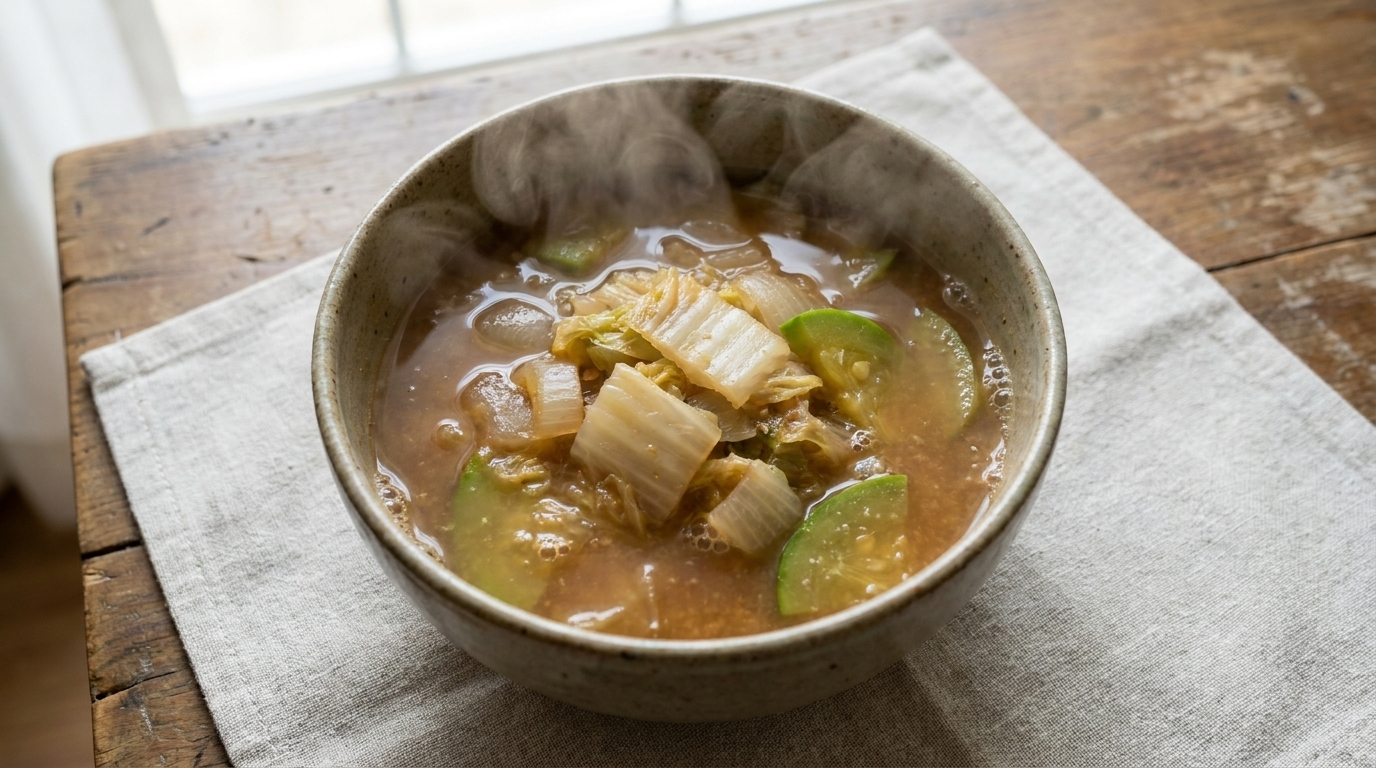 Un plato humeante de sopa rústica de col china y pasta de soja con verduras tiernas.
