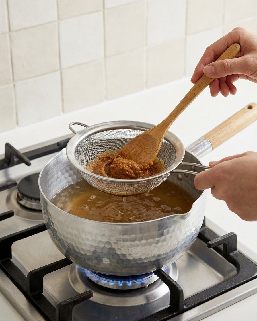 Pasta de soja siendo disuelta en el caldo mediante un colador de malla y una cuchara de madera.