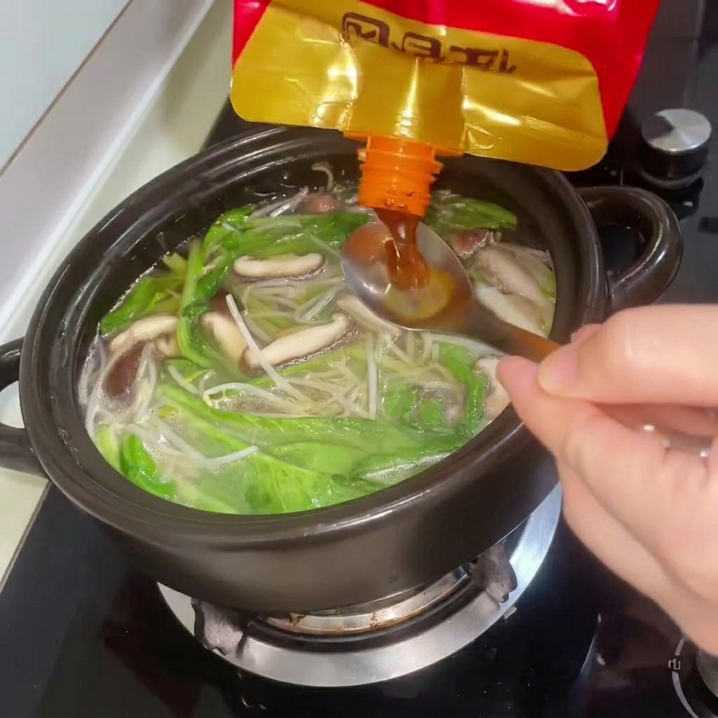 Una cucharada de pasta de soja siendo mezclada en el caldo.