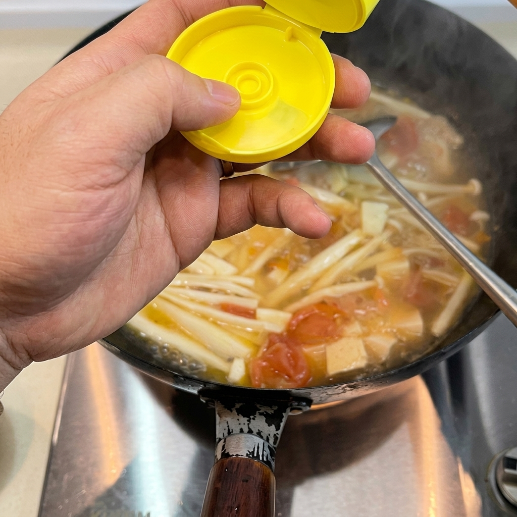 Una cucharada de manteca blanca derritiéndose en un líquido brillante dentro de un wok caliente.