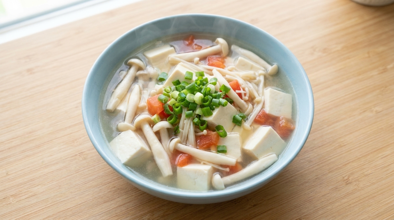 Un tazón de sopa clara de tofu y champiñones seafood, decorado con cebolletas frescas picadas.